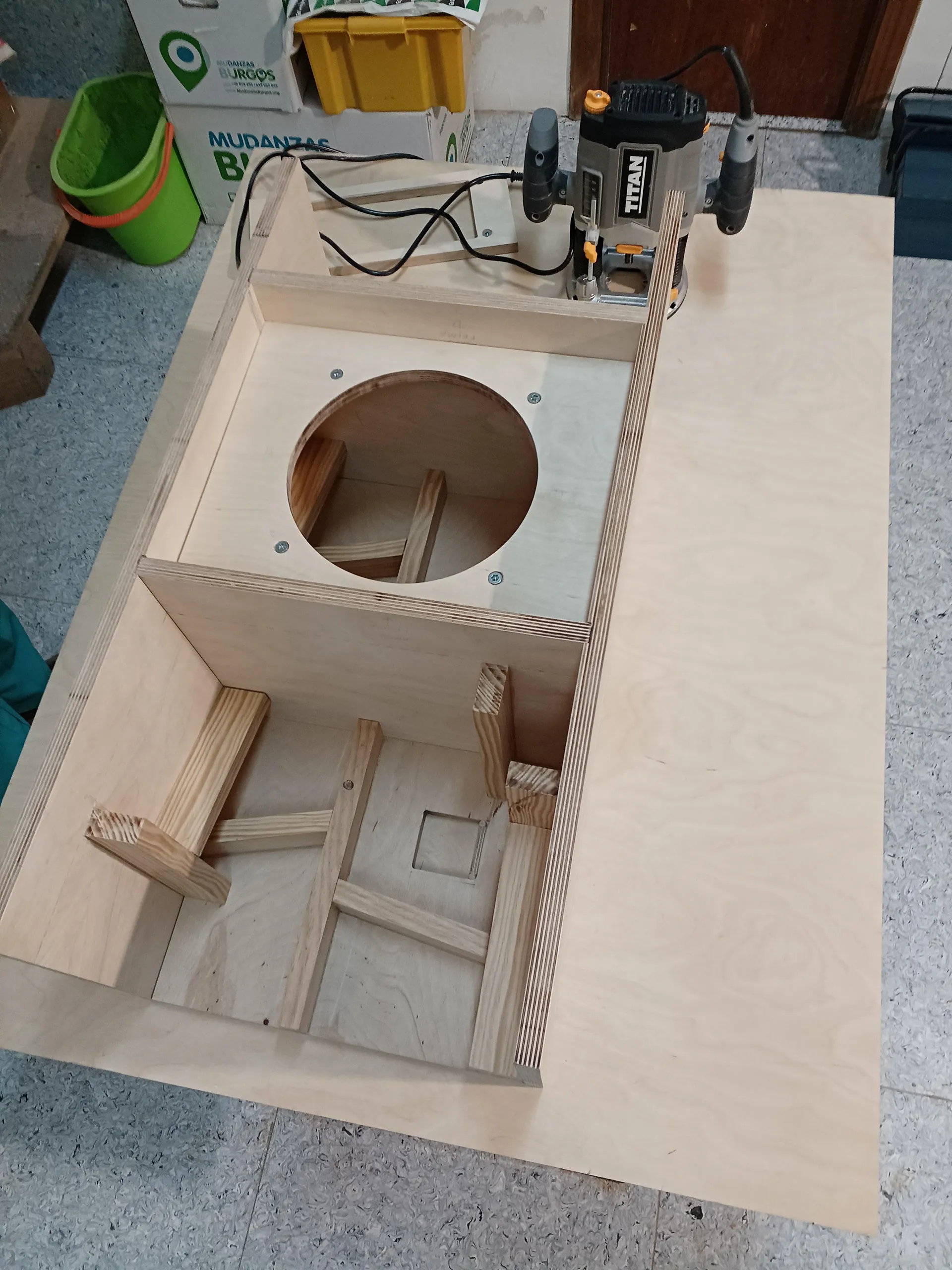 A cabinet being built